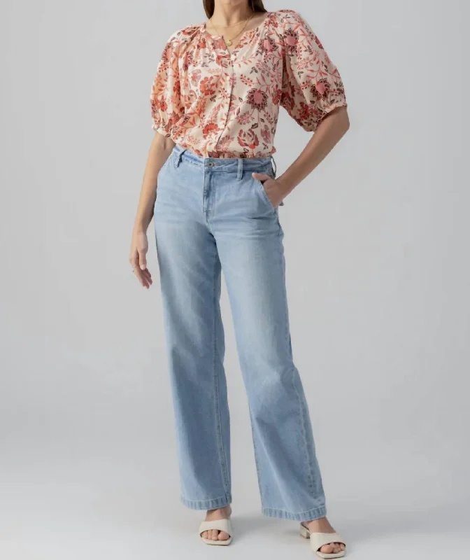 Bubble Sleeve Boho Blouse In Pacific LightQuick-Dry Shirts