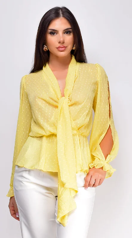 Elle Swiss Dot Front Tie Blouse Top - YellowBeaded Shirts