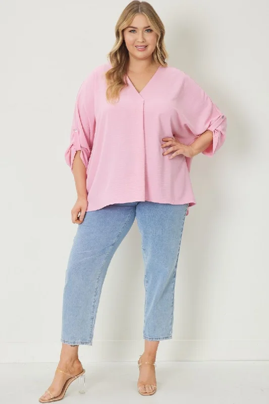 Entro V- Neck Blouse With Half Sleeve Detailing In Baby PinkDesigner Shirts