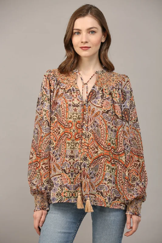 Fate Bohemian Paisley Print Lurex Chiffon Smocked Yoke Blouse In TaupeRibbed Cuff Shirts