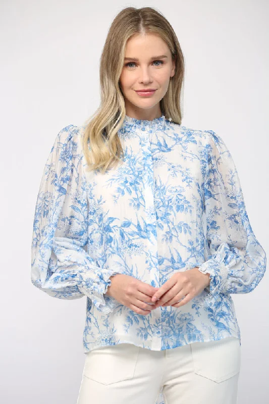 Fate Elegance In Bloom Blue Floral Ruffle Neck BlouseTunic Shirts