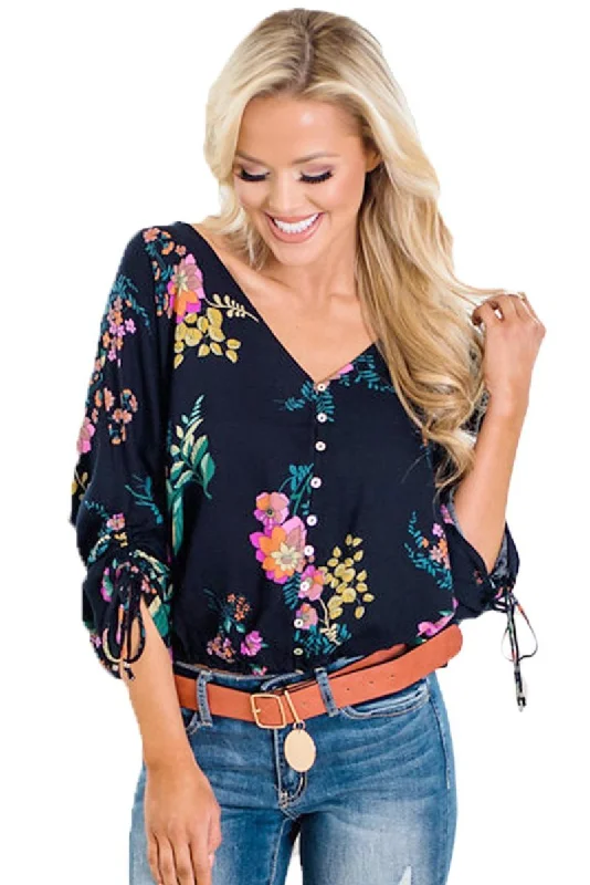 Floral Printed Button Up Blouse in Dark BluePolyester Shirts