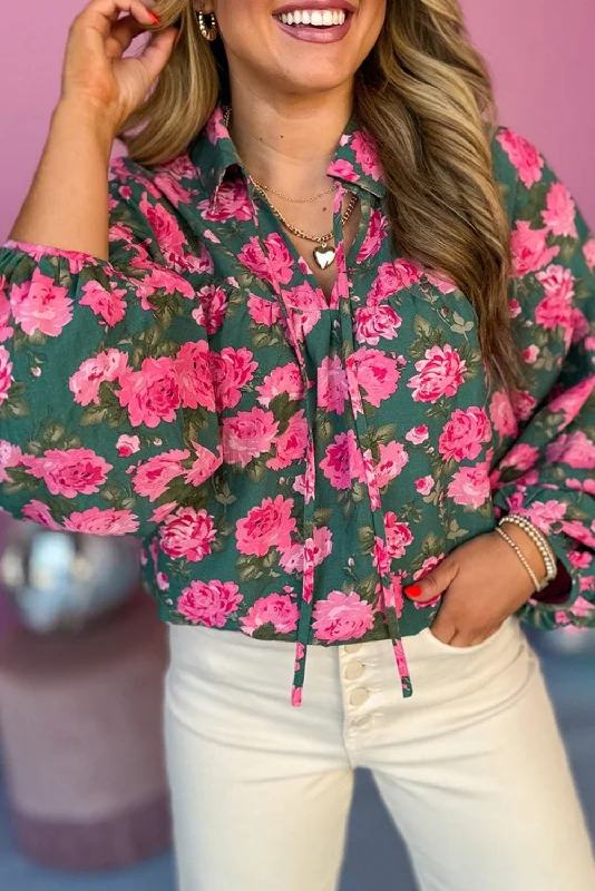 Green Floral Print Collared Puff Sleeve BlouseArtist Shirts