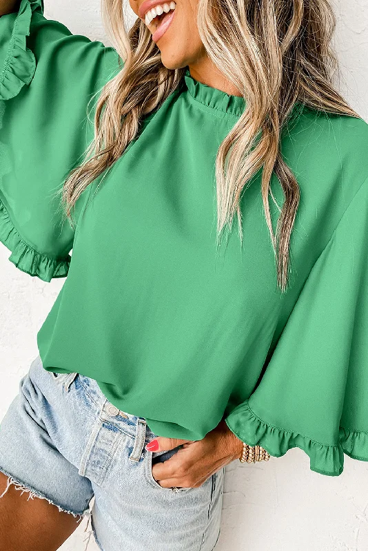 Green Frilly Round Neck Wide Half Sleeve BlouseCompression Shirts