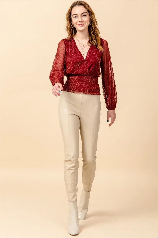 HyFve Faux Wrap Sparkle Holiday Blouse Burgundy Or BlackChambray Shirts