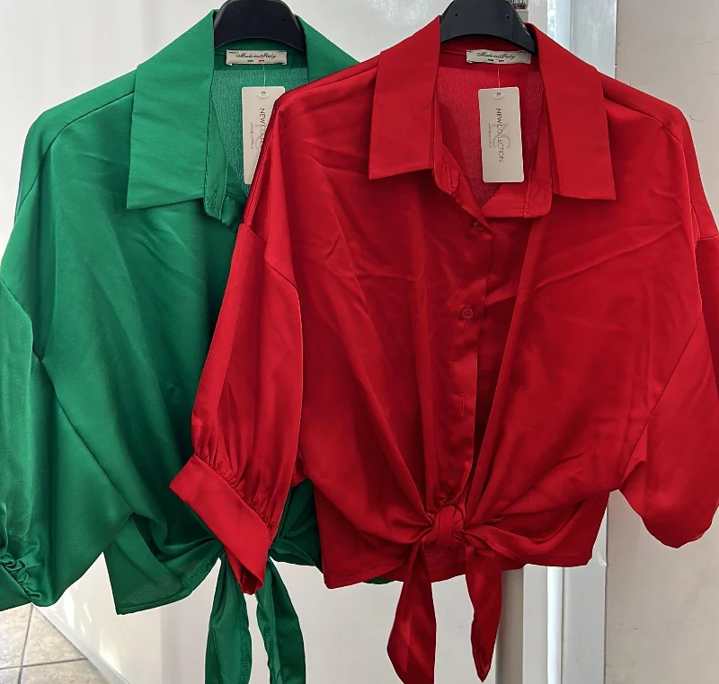 The Italian Satin Front Tie Button BlouseVelvet Shirts