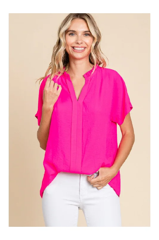 Jodifl Hot Pink Slit Neck Top With Front Point Detail And Short Dolman Banded Cuff Sleeves A Chic Fashionable BlouseSlim Fit Shirts