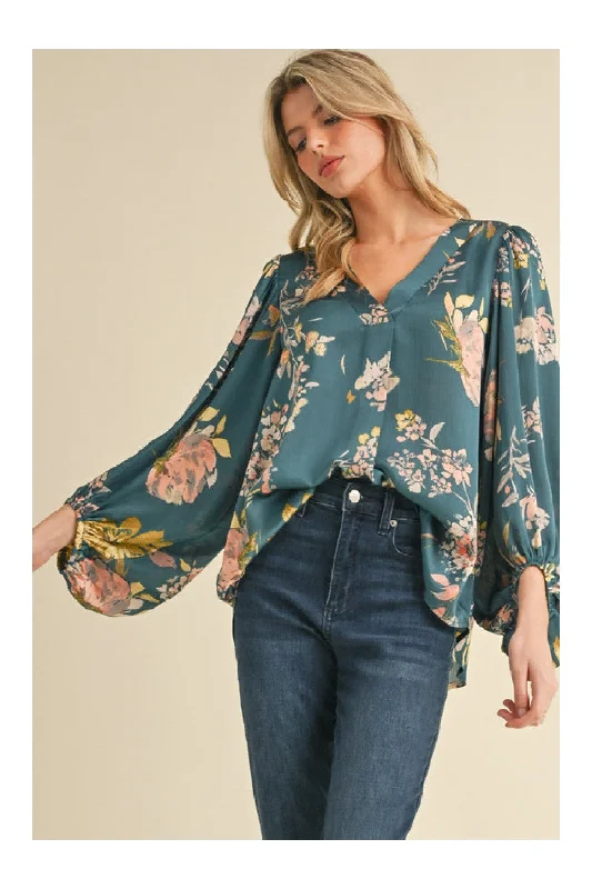 Jodifl Satin Floral Print Blouse With Bubble Sleeves In TealButton-Up Shirts