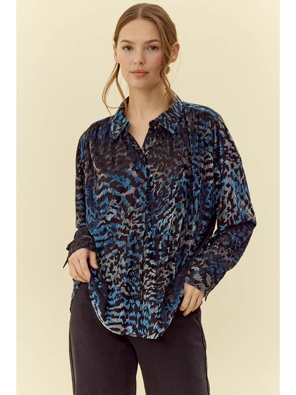 Jodifl Teal Velvet Leopard Print BlouseSequined Shirts