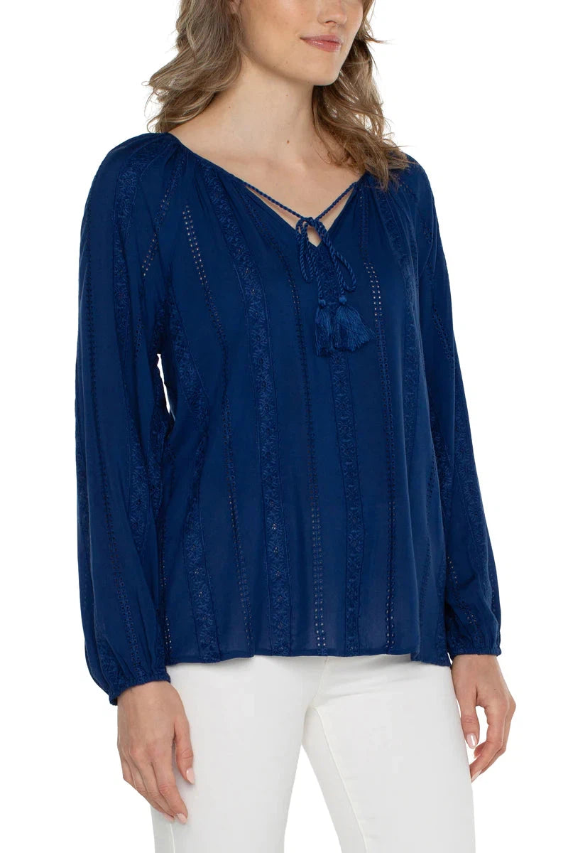 Liverpool Embroidered Shirred Blouse With Neck Ties In Night Sky BluePolka Dot Shirts