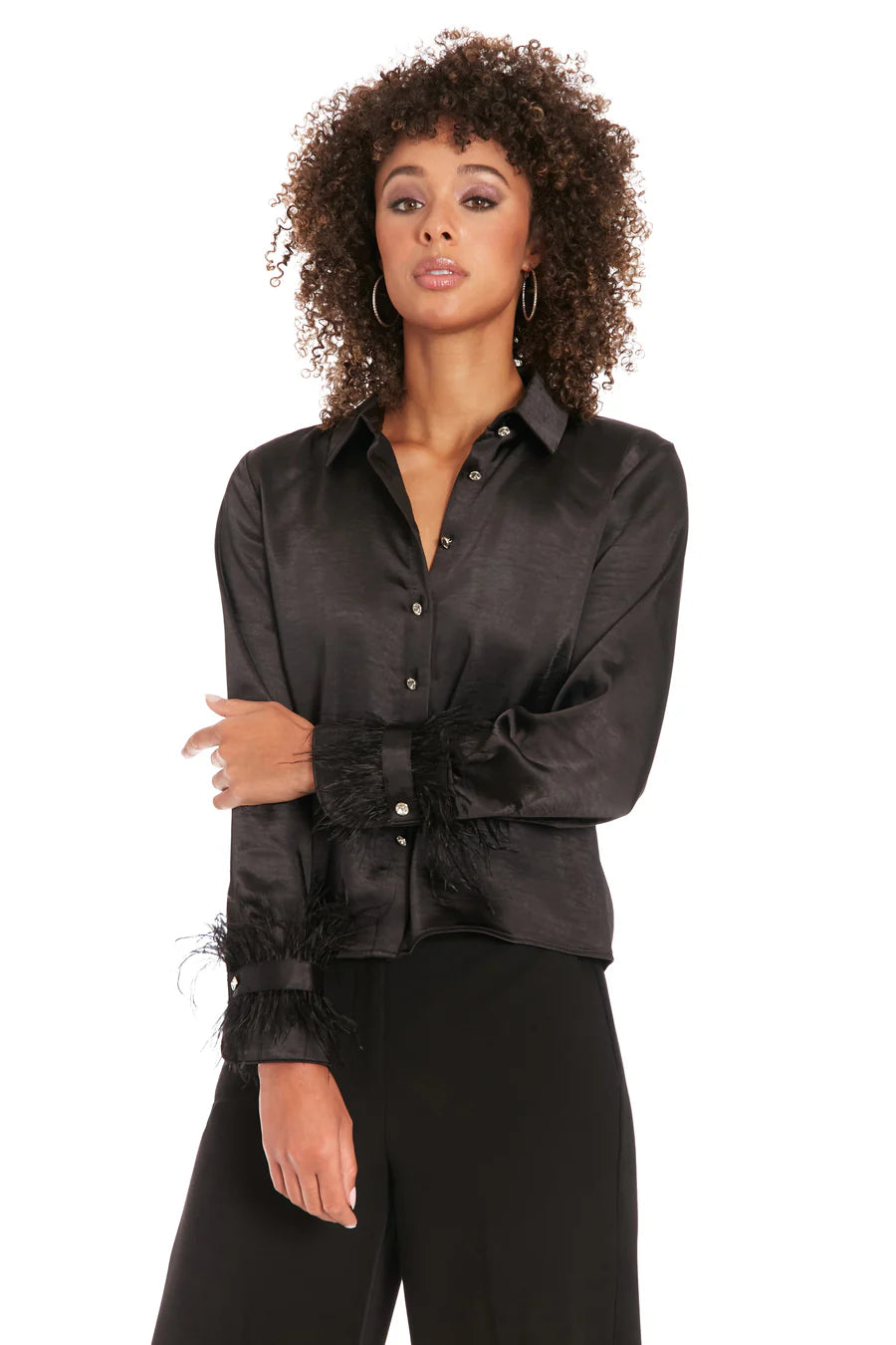 Maggy London Gramercy Satin Blouse With FeathersCultural Shirts