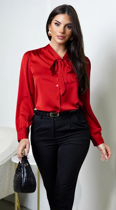 Mariah Neck Tie Satin Button Down Shirring Blouse - RedHooded Shirts