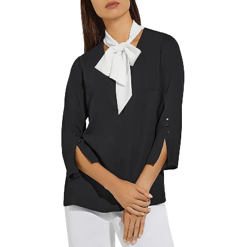 Misook Womens Solid Neck Tie BlousePocket Shirts