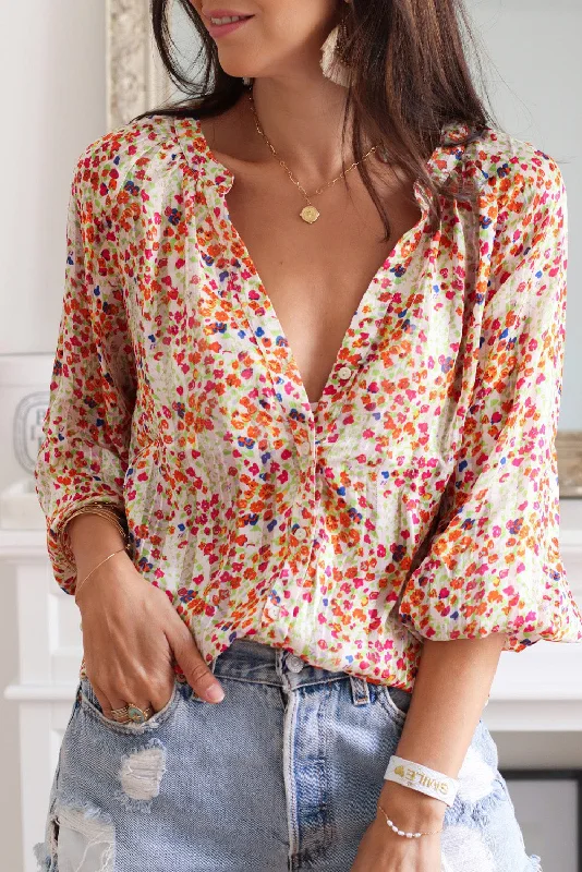 Multicolor Floral Print Boho Button Up Lantern Sleeve BlouseStatement Shirts