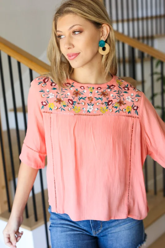 In Your Dreams Peach Floral Embroidery Ladder Trim BlouseTasseled Shirts