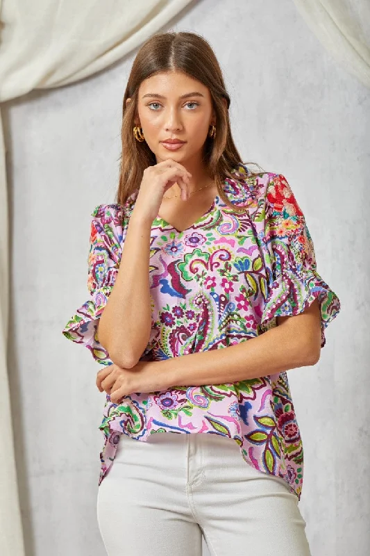 Savanna Jane Lilac Paisley Print Blouse With Floral Embroidery On SleevesAsymmetrical Shirts