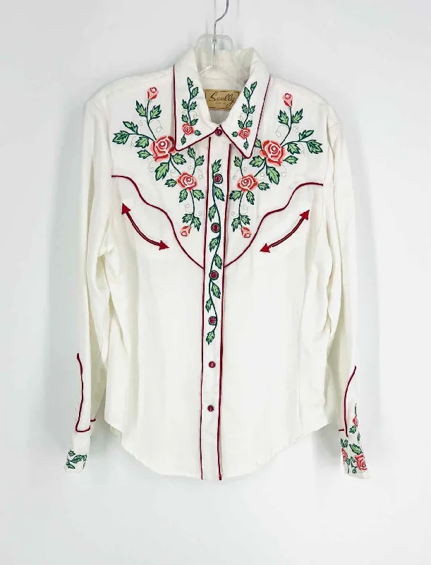 Scully Size M Wh/Pk/Gr Flowers Embroidered Tops BlousePeplum Shirts