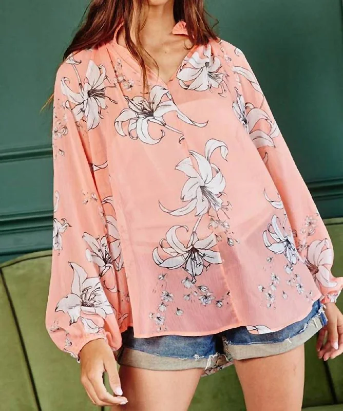 Semi-Sheer Floral Blouse In PeachLinen Shirts