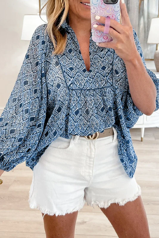 Sky Blue Ethnic Geometric Print Frill Neck Loose Fit BlouseLuxury Shirts