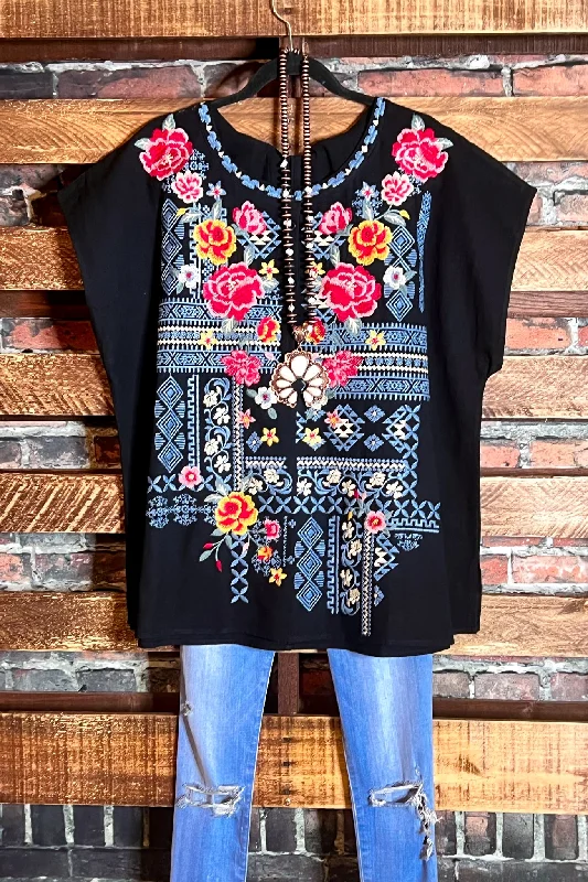 SWEET BLOSSOMS 100% COTTON FLORAL BLOUSE IN BLACKCamping Shirts