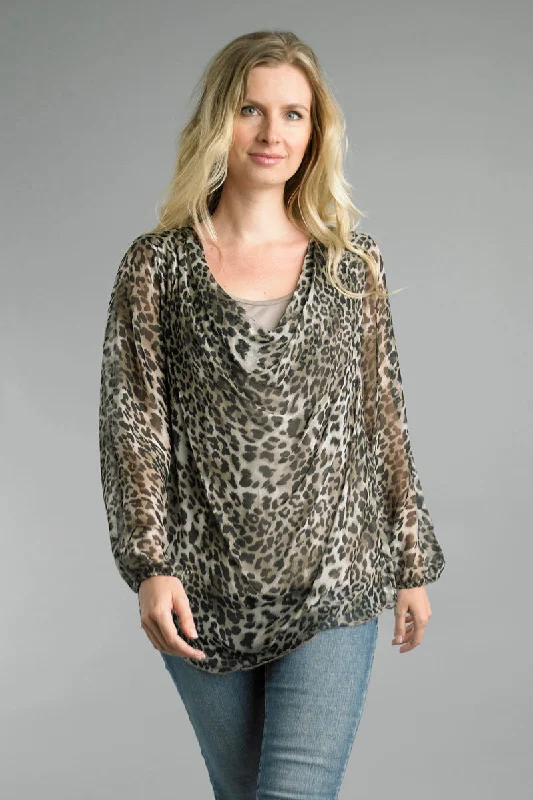 Tempo Cheetah Print Cowl Neckline Sheer Blouse With LiningCultural Shirts